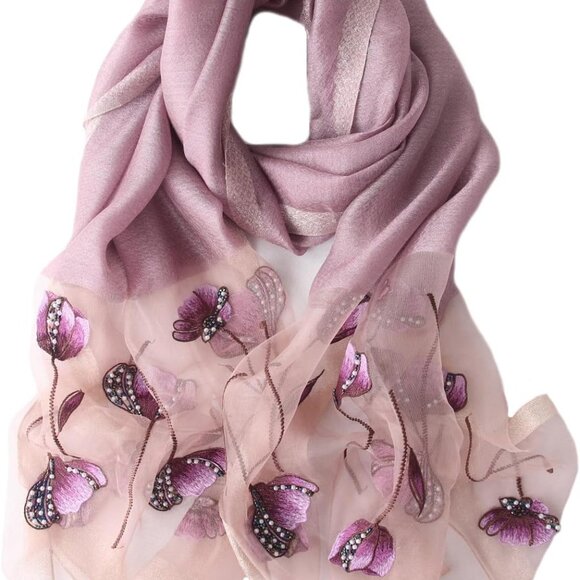 Purple Silk Cotton Scarf 70x28in Floral Embroidered Women's Shawl Wraps - Picture 1 of 4